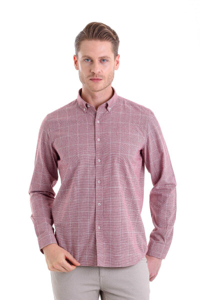 Bordo Comfort Fit Desenli Düğmeli Yaka Uzun Kollu Casual Flanel Gömlek - 3