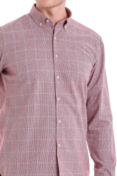 Bordo Comfort Fit Desenli Düğmeli Yaka Uzun Kollu Casual Flanel Gömlek - 4