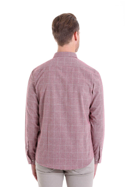 Bordo Comfort Fit Desenli Düğmeli Yaka Uzun Kollu Casual Flanel Gömlek - 5