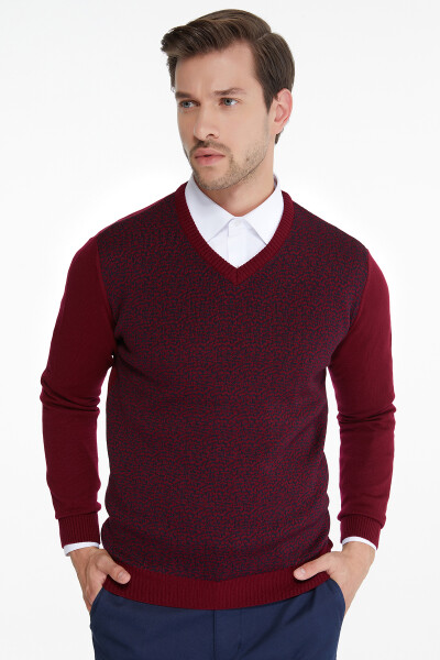Bordo Desenli V Yaka Triko Kazak - 1