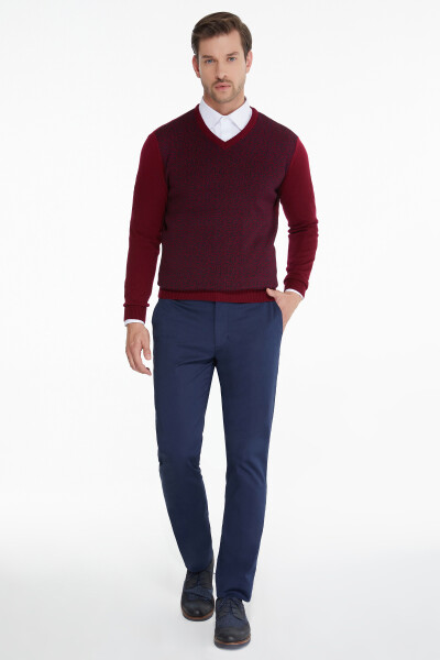 Bordo Desenli V Yaka Triko Kazak - 6