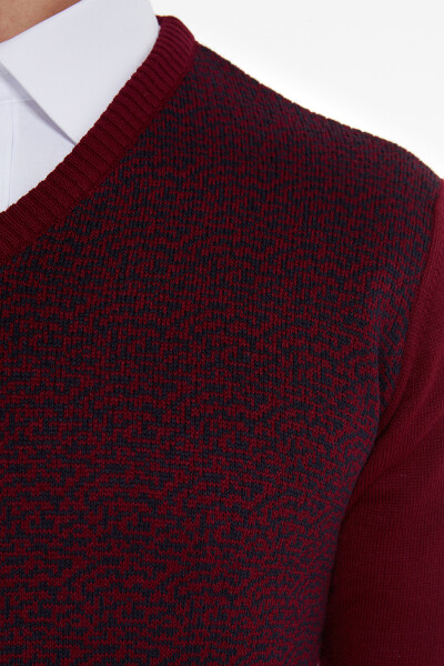 Bordo Desenli V Yaka Triko Kazak - 8
