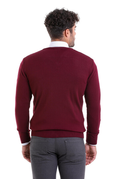Bordo Regular Fit Jakarlı V Yaka Triko Kazak - 5
