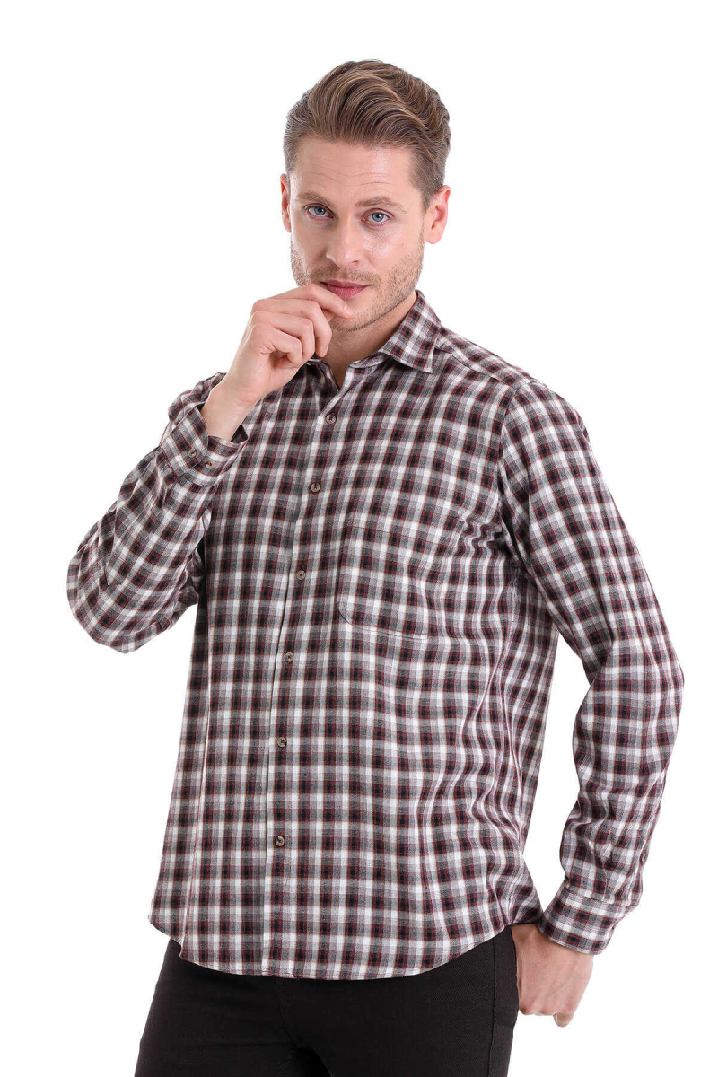 Bordo Klasik Fit Kareli Slim Yaka Uzun Kollu Casual Flanel Gömlek - HTML (1)