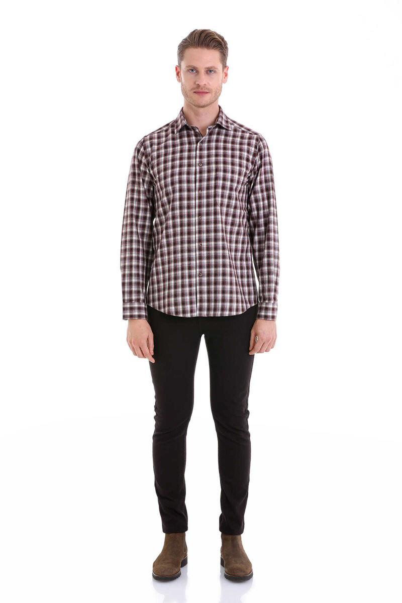 Bordo Klasik Fit Kareli Slim Yaka Uzun Kollu Casual Flanel Gömlek - HTML (1)