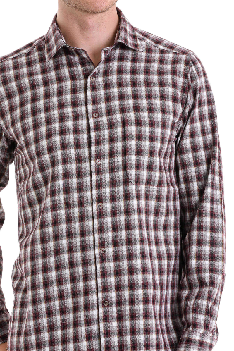 Bordo Klasik Fit Kareli Slim Yaka Uzun Kollu Casual Flanel Gömlek - HTML (1)