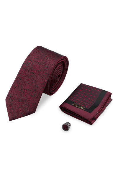 Bordo Kravat Mendil ve Yaka Rozeti 3'lü Set 