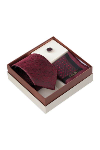 Bordo Kravat Mendil ve Yaka Rozeti 3'lü Set - 2