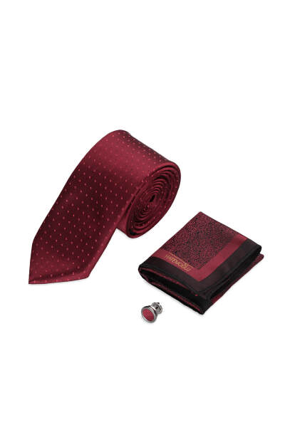 Bordo Kravat Mendil ve Yaka Rozeti 3'lü Set 