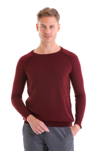 Bordo Regular Fit Desenli Bisiklet Yaka Yünlü Triko Kazak - 7