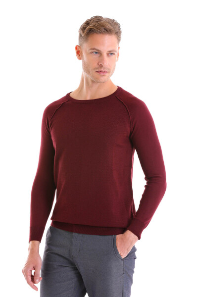 Bordo Regular Fit Desenli Bisiklet Yaka Yünlü Triko Kazak - 8
