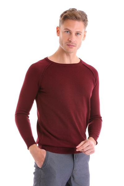 Bordo Regular Fit Desenli Bisiklet Yaka Yünlü Triko Kazak - 9