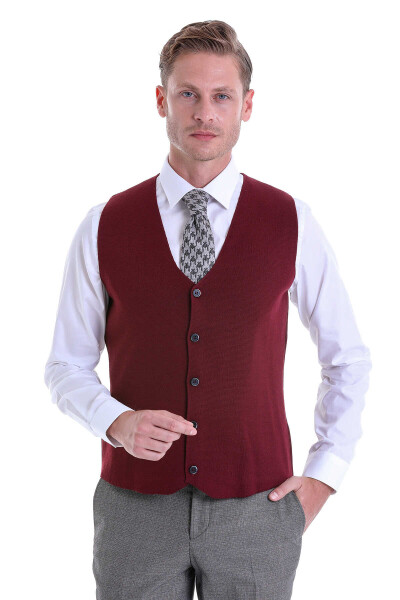 Bordo Comfort Fit V Yaka Yünlü Klasik Triko Yelek - 2