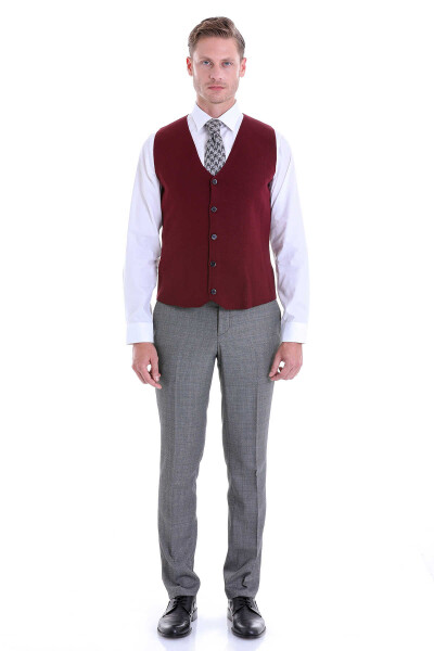 Bordo Comfort Fit V Yaka Yünlü Klasik Triko Yelek - 3