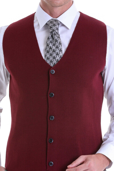 Bordo Comfort Fit V Yaka Yünlü Klasik Triko Yelek - 4