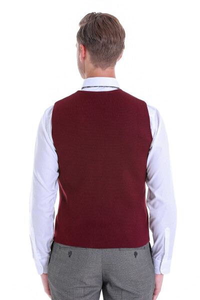 Bordo Comfort Fit V Yaka Yünlü Klasik Triko Yelek - 5