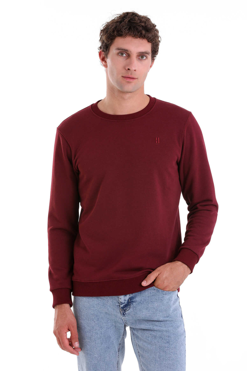 Bordo Regular Fit Düz Pamuklu Bisiklet Yaka Sweatshirt - HATEMOĞLU (1)