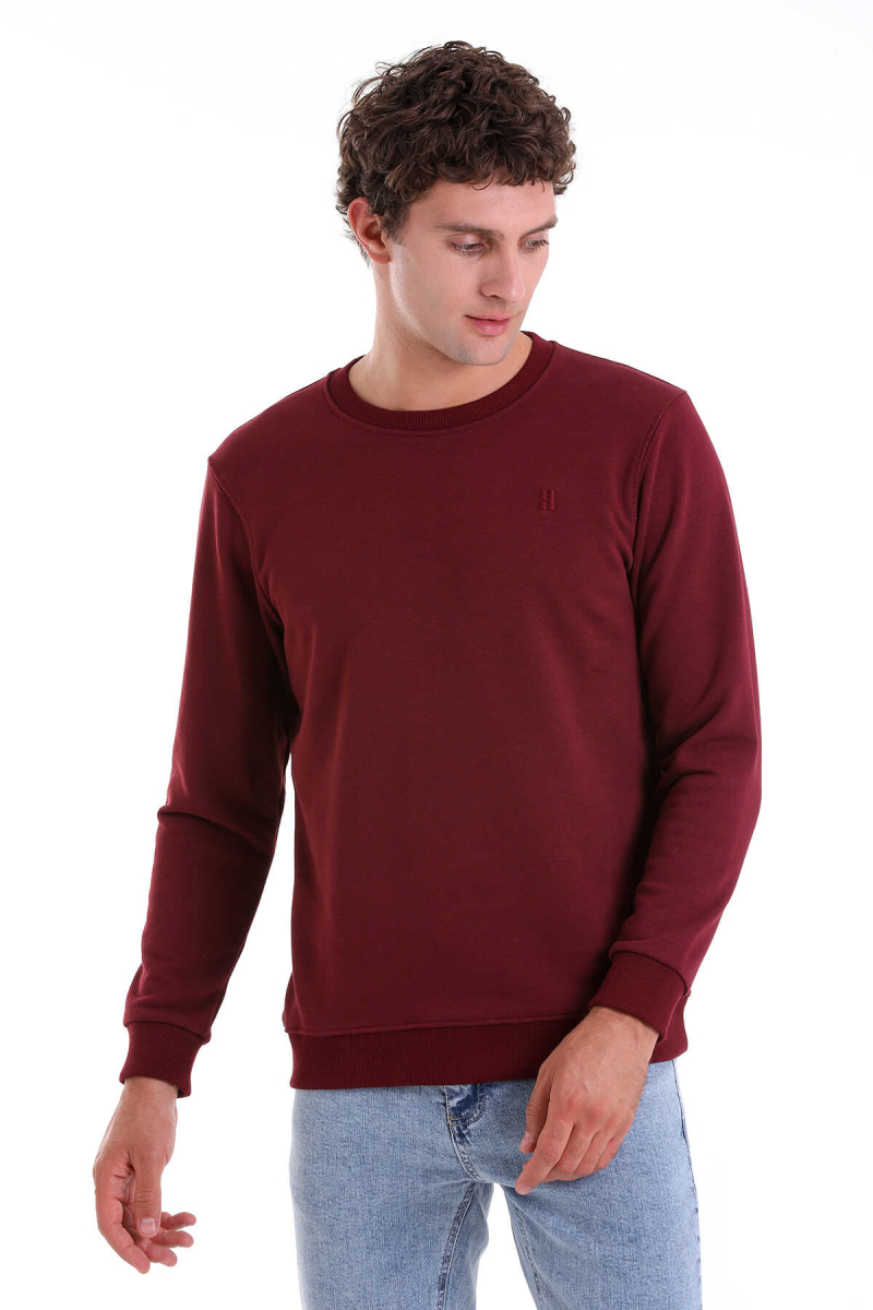 Bordo Regular Fit Düz Pamuklu Bisiklet Yaka Sweatshirt - HATEMOĞLU (1)