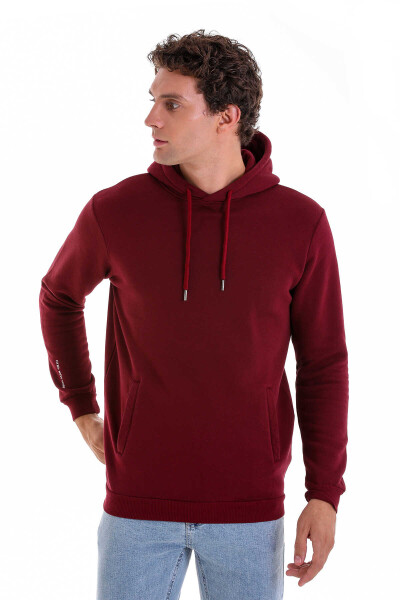 Bordo Regular Fit Pamuklu Kapüşonlu Kanguru Cepli Sweatshirt - 2