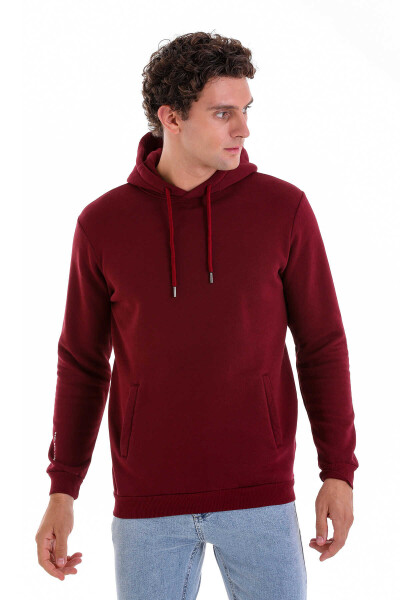 Bordo Regular Fit Pamuklu Kapüşonlu Kanguru Cepli Sweatshirt - 3