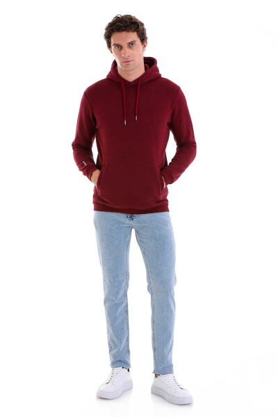Bordo Regular Fit Pamuklu Kapüşonlu Kanguru Cepli Sweatshirt - 5