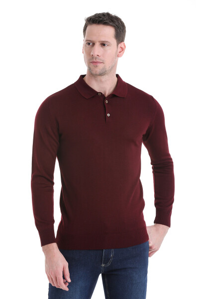 Bordo Regular Fit Düz Polo Yaka Triko Kazak 