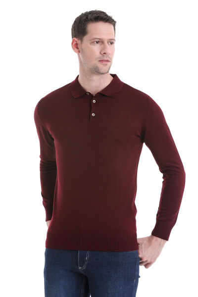 Bordo Regular Fit Polo Yaka Triko Kazak - 3