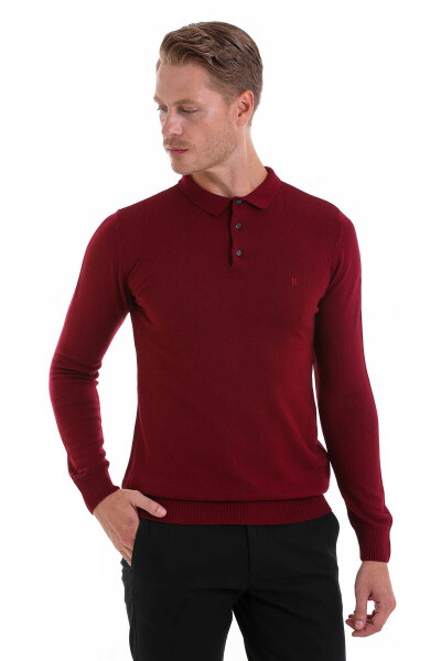 Bordo Regular Fit Düz Polo Yaka Triko Kazak 