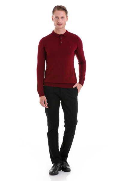 Bordo Regular Fit Düz Polo Yaka Triko Kazak - 2