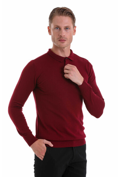 Bordo Regular Fit Düz Polo Yaka Triko Kazak - 3
