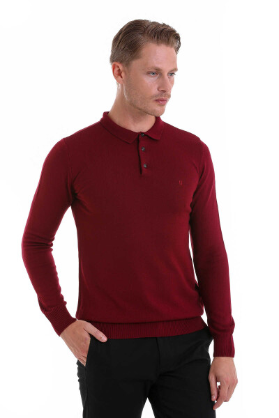 Bordo Regular Fit Düz Polo Yaka Triko Kazak - 4