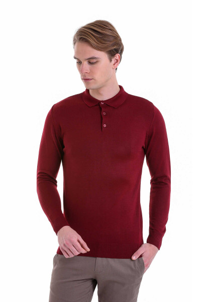 Bordo Comfort Fit Polo Yaka Yünlü Kazak - 2