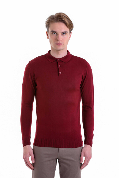 Bordo Comfort Fit Polo Yaka Yünlü Kazak - 3
