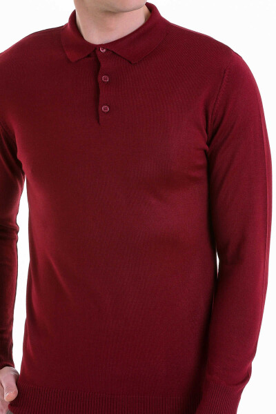Bordo Comfort Fit Polo Yaka Yünlü Kazak - 5