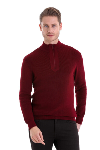 Bordo Comfort Fit Pamuklu Yarım Balıkçı Yaka Triko Kazak - HTML