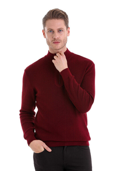 Bordo Comfort Fit Pamuklu Yarım Balıkçı Yaka Triko Kazak - 2