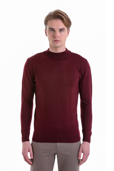 Bordo Comfort Fit Yarım Balıkçı Yaka Yünlü Kazak - 3