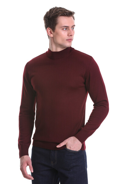 Bordo Regular Fit Yarım Balıkçı Yaka Yünlü Triko Kazak - 2