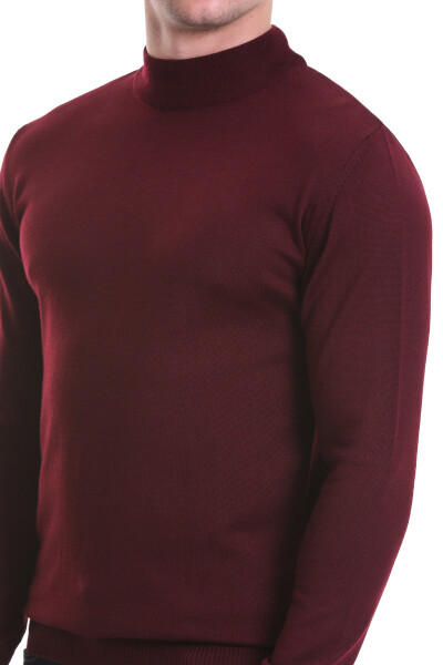 Bordo Regular Fit Yarım Balıkçı Yaka Yünlü Triko Kazak - 3