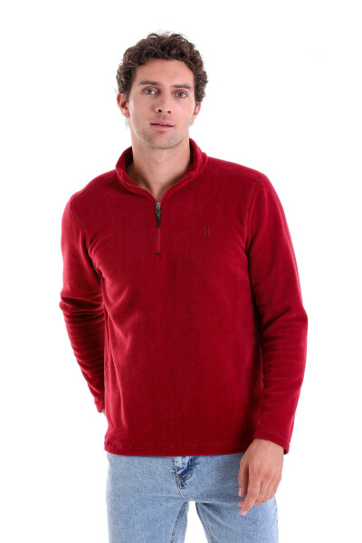 Bordo Regular Fit Yarım Fermuarlı Bato Yaka Polar Sweatshirt 