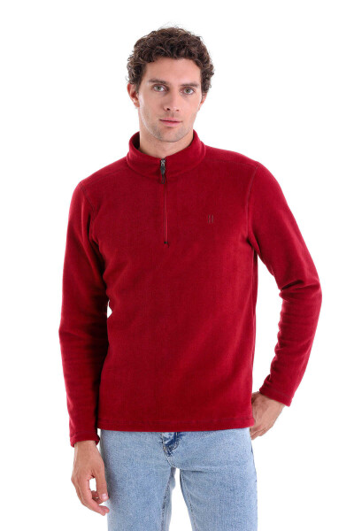 Bordo Regular Fit Tüylenme Yapmayan Soğuk Geçirmez Yarım Fermuarlı Polar Sweatshirt - 2