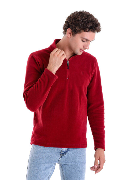 Bordo Regular Fit Tüylenme Yapmayan Soğuk Geçirmez Yarım Fermuarlı Polar Sweatshirt - 3