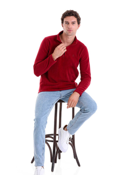 Bordo Regular Fit Tüylenme Yapmayan Soğuk Geçirmez Yarım Fermuarlı Polar Sweatshirt - 5