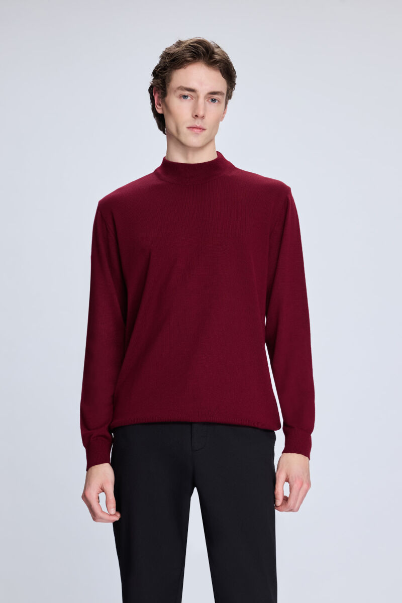 Bordo Regular Fit Yarım Balıkçı Yaka Yünlü Triko Kazak - Hatemoğlu