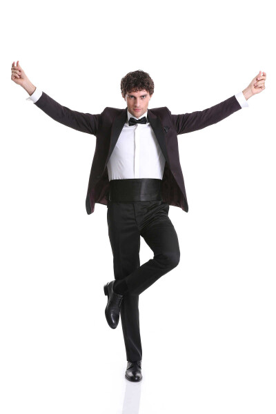 Bordo Slim Fit Desenli Sivri Yaka Klasik Damatlık Smokin - 7