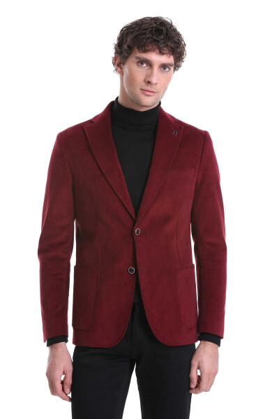 Bordo Slim Fit Düz Mono Yaka Pamuklu Kadife Ceket 