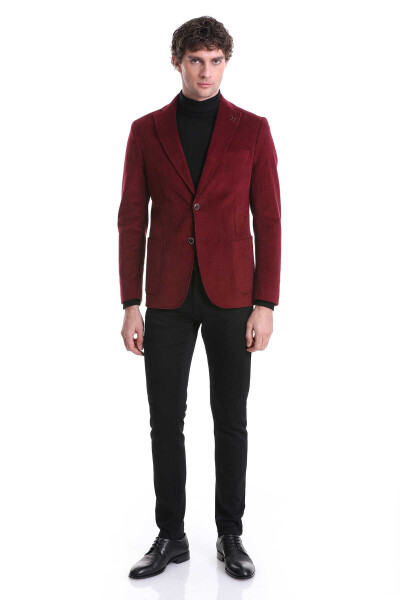 Bordo Slim Fit Düz Mono Yaka Pamuklu Kadife Ceket - 2