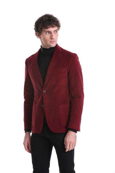 Bordo Slim Fit Düz Mono Yaka Pamuklu Kadife Ceket - 3
