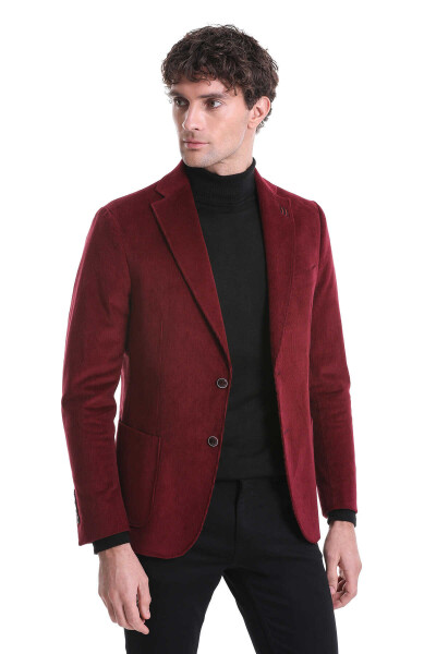 Bordo Slim Fit Düz Mono Yaka Pamuklu Kadife Ceket - 4