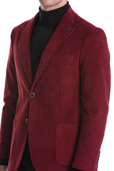 Bordo Slim Fit Düz Mono Yaka Pamuklu Kadife Ceket - 5